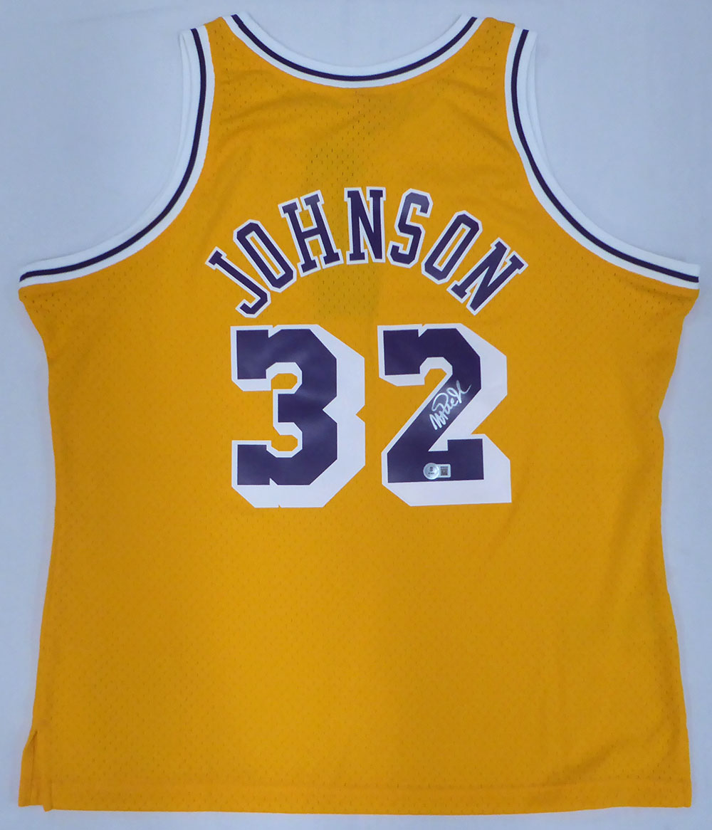 Los Angeles Lakers Magic Johnson Autographed Yellow Mitchell & Ness Jersey Beckett BAS QR #4W062546