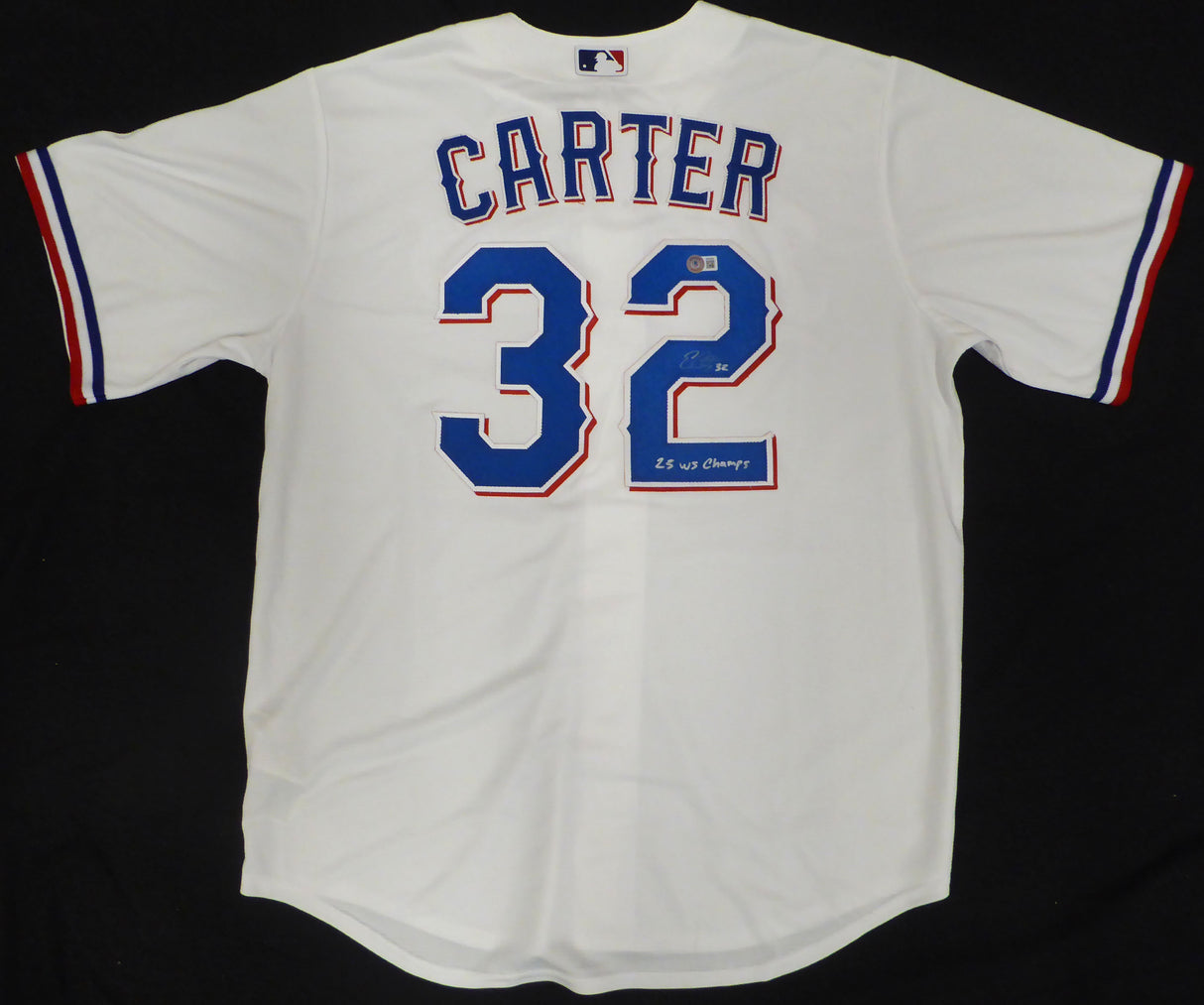 Texas Rangers Evan Carter Autographed White Nike Jersey "23 WS Champs" Beckett BAS QR #1W039286