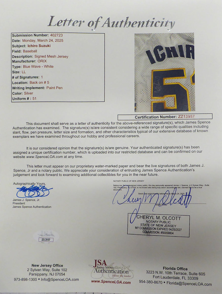 Orix Blue Wave Ichiro Suzuki Autographed White Kooy Jersey JSA #ZZ13957