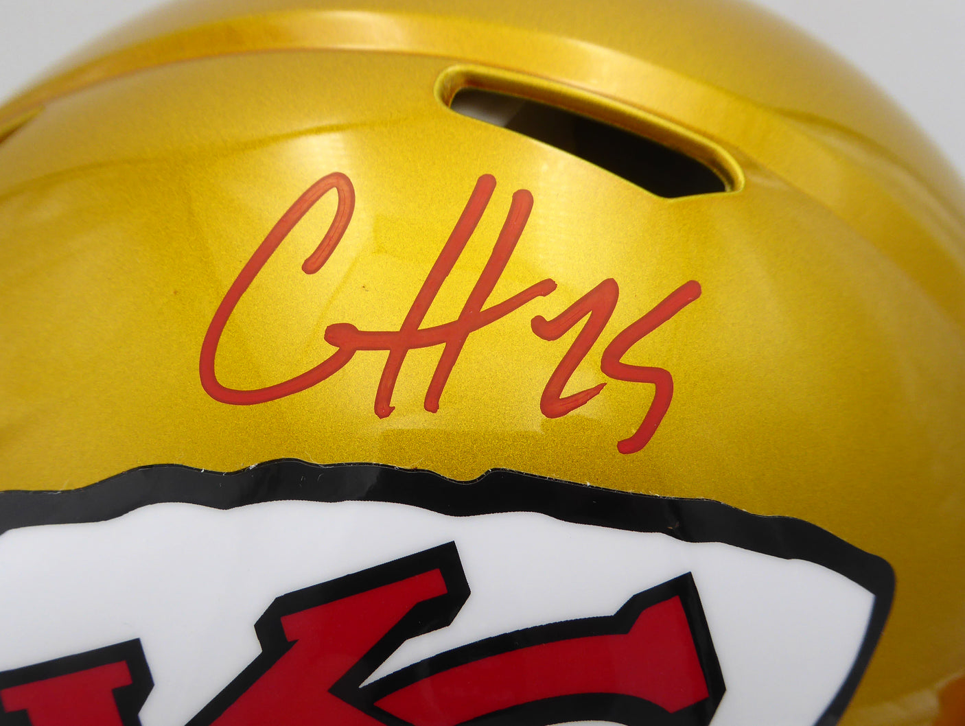 Clyde Edwards-Helaire Autographed Kansas City Chiefs Flash Gold Authentic Full Size Speed Helmet Beckett BAS QR #WK21042