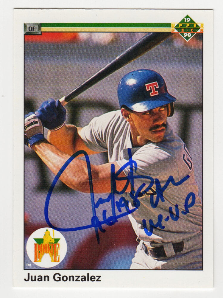 Juan Gonzalez Signed Texas Rangers 1990 Upper Deck Rookie Baseball Card #72 w/96, 98 AL MVP