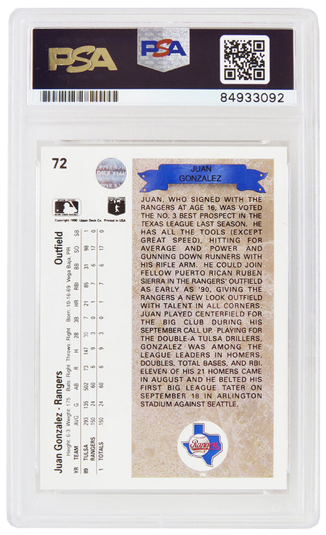 Juan Gonzalez Signed Texas Rangers 1990 Upper Deck Rookie Baseball Card #72 w/96, 98 AL MVP - (PSA Encapsulated)