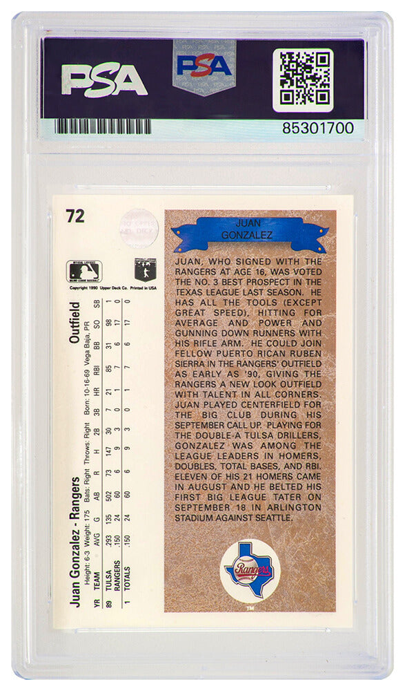Juan Gonzalez Signed Rangers 1990 Upper Deck Rookie Baseball Card #72 w/2x AL MVP - (PSA Encapsulated)