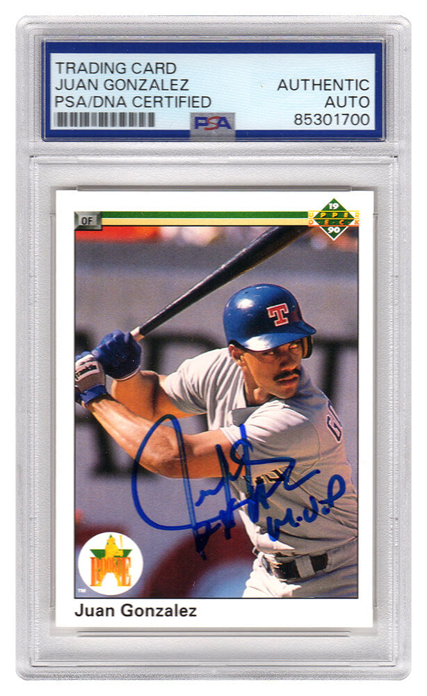 Juan Gonzalez Signed Rangers 1990 Upper Deck Rookie Baseball Card #72 w/2x AL MVP - (PSA Encapsulated)