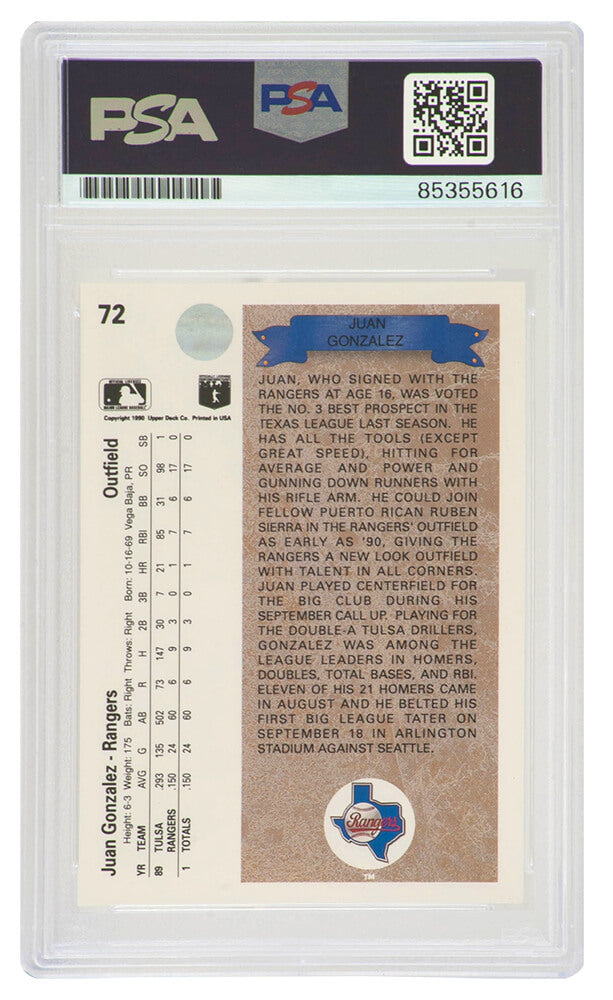 Juan Gonzalez Signed 1990 Upper Deck Rookie Baseball Card #72 w/96, 98 AL MVP - (PSA Encapsulated)