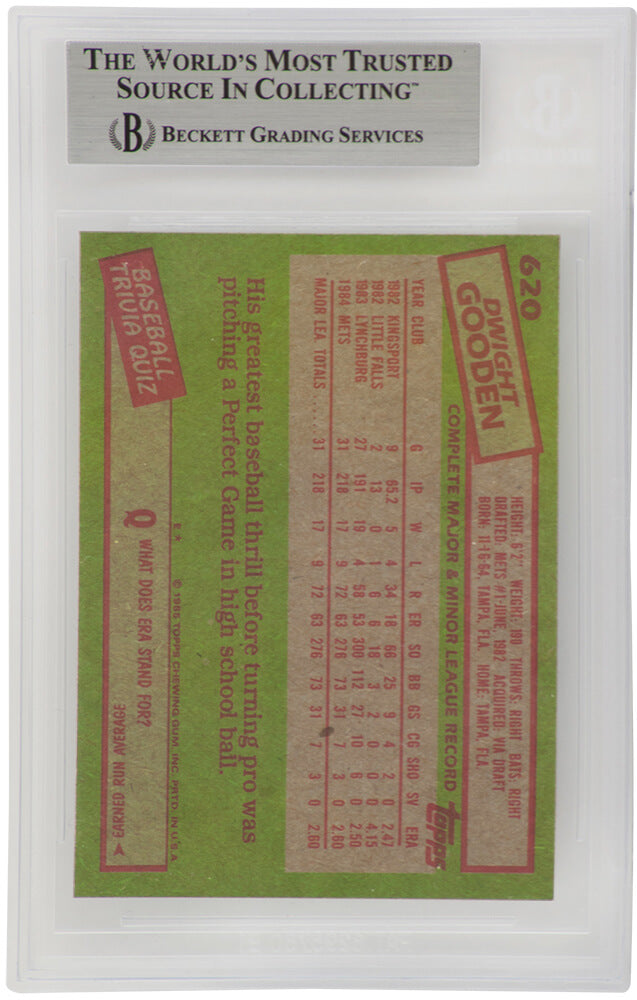 Dwight Gooden Signed New York Mets 1985 Topps Baseball Rookie Card #620 - (Beckett / Auto Sticker)