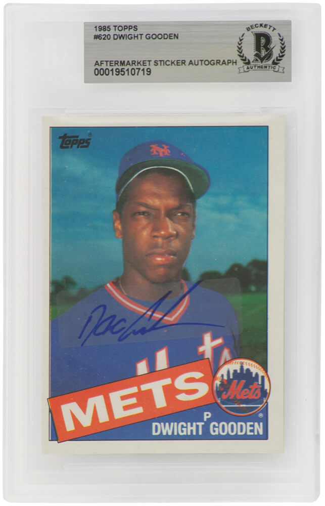 Dwight Gooden Signed New York Mets 1985 Topps Baseball Rookie Card #620 - (Beckett / Auto Sticker)