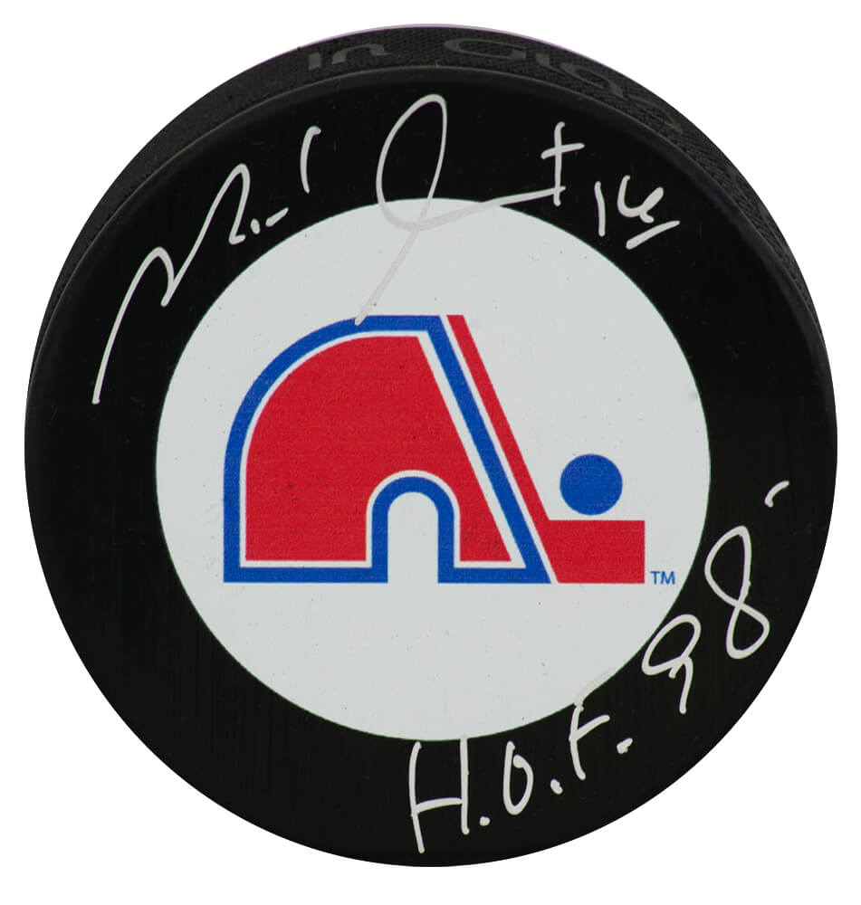 Michel Goulet Signed Quebec Nordiques Team Large Logo Hockey Puck w/HOF'98