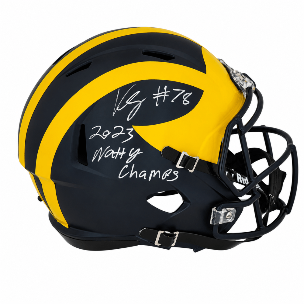 Kenneth Grant Signed Michigan Wolverines Riddell Full Size Speed Replica Helmet w/2023 Natty Champs