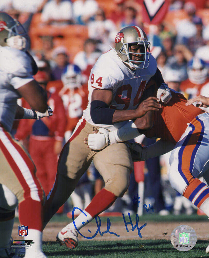 Charles Haley Signed San Francisco 49ers White Jersey Action vs Broncos 8x10 Photo