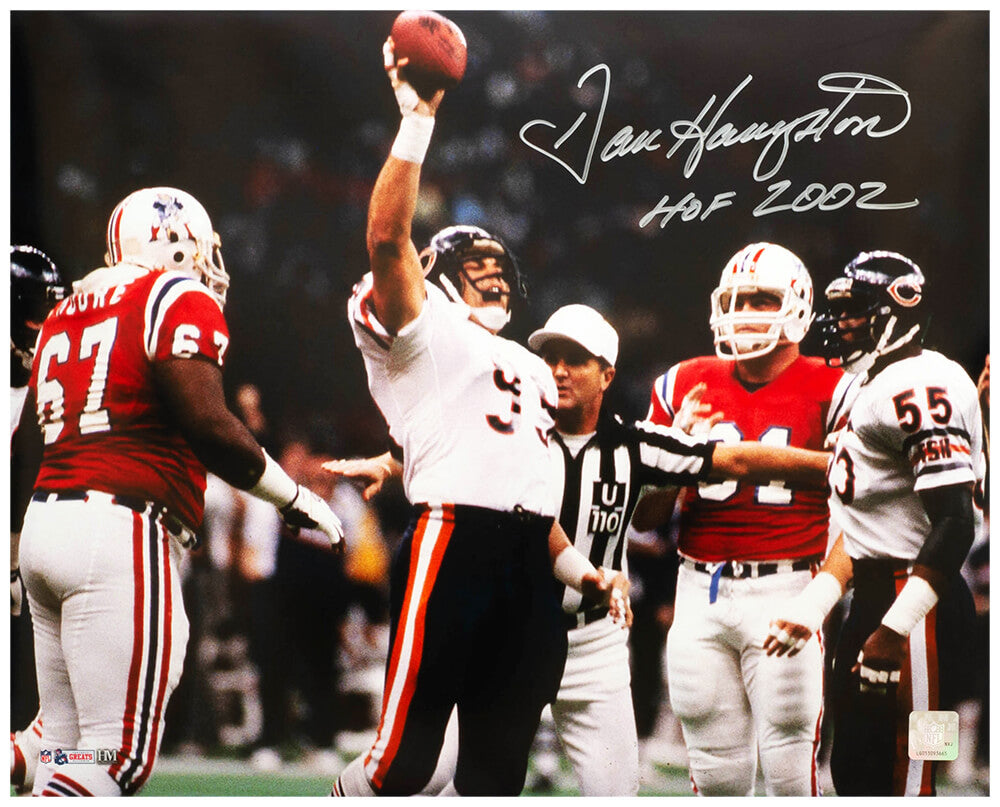 Dan Hampton Signed Chicago Bears Super Bowl XX Holding Football vs Patriots 16x20 Photo w/HOF 2002