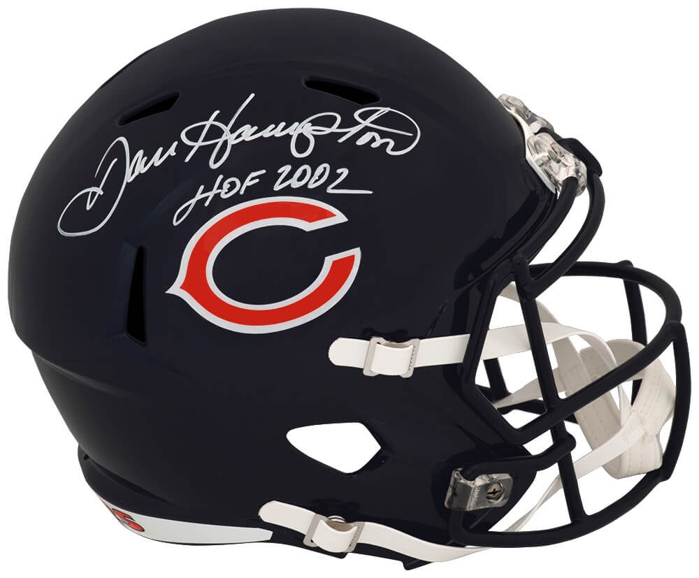 Dan Hampton Signed Bears Riddell Full Size Speed Replica Helmet w/HOF 2002 - (White Ink)