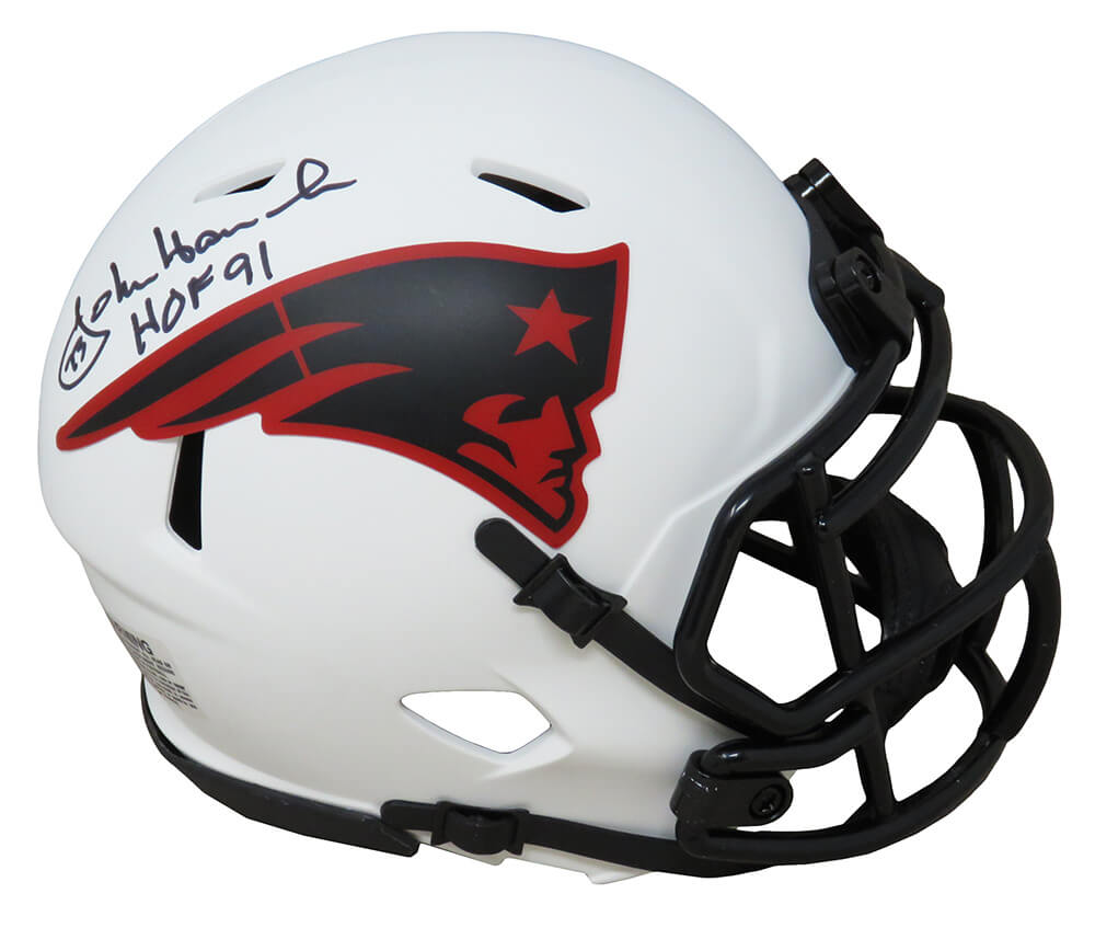 John Hannah Signed New England Patriots Lunar Eclips White Matte Riddell Speed Mini Helmet w/HOF'91