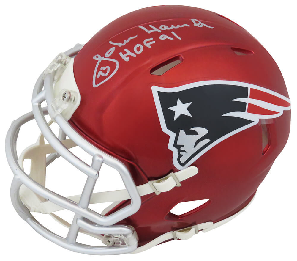 John Hannah Signed New England Patriots FLASH Riddell Speed Mini Helmet w/HOF'91