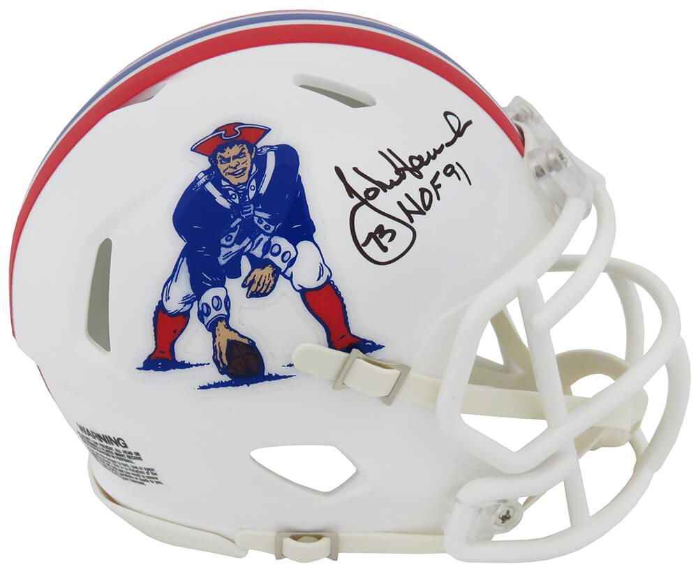 John Hannah Signed New England Patriots Throwback Riddell Speed Mini Helmet w/HOF'91