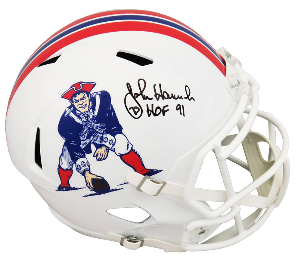 John Hannah Signed New England Patriots Throwback Riddell Full Size Speed Replica Helmet w/HOF'91