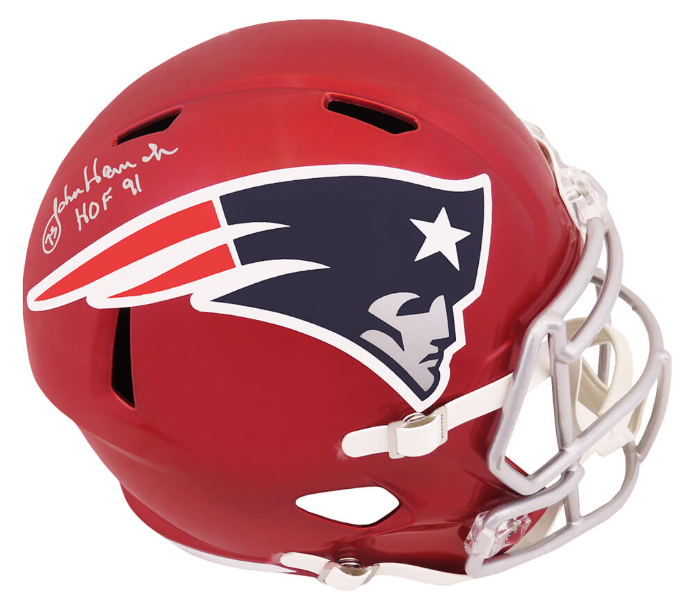 John Hannah Signed New England Patriots FLASH Riddell Full Size Speed Replica Helmet w/HOF'91