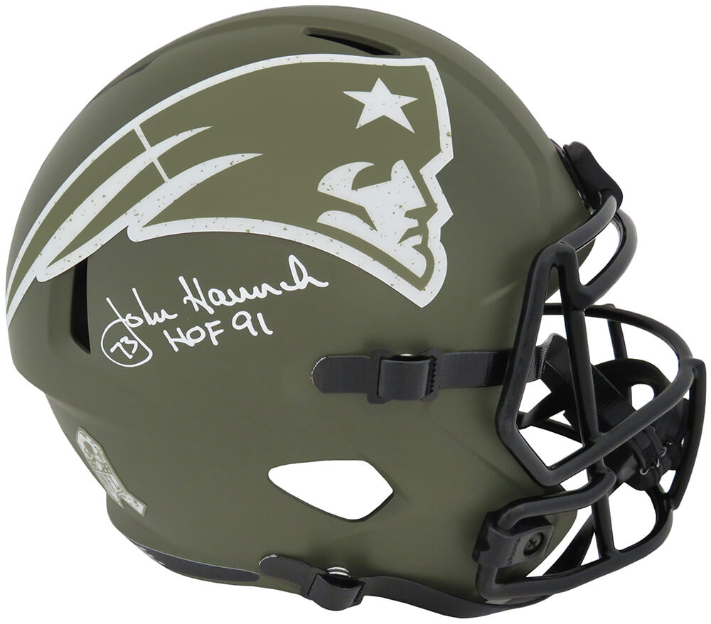 John Hannah Signed New England Patriots Salute to Service Riddell Full Size Speed Replica Helmet w/HOF'91