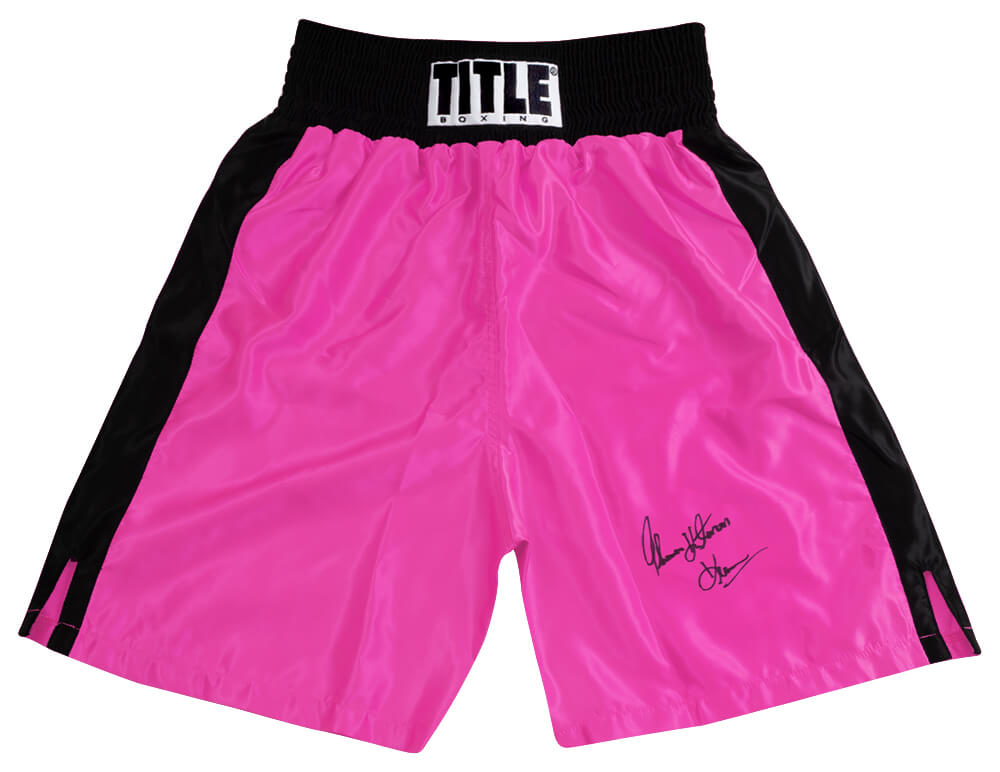 Thomas Hearns Signed Title Pink With Black Trim Boxing Trunks w/Hitman