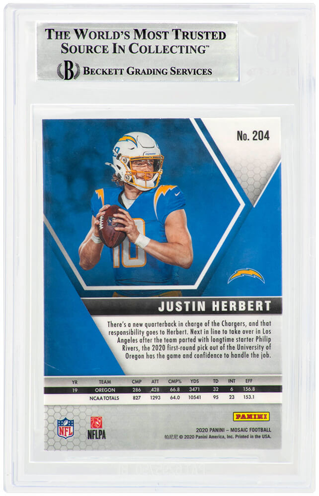 Justin Herbert Signed Los Angeles Chargers 2020 Panini Mosaic Rookie Football Card #204 - (Beckett Encapsulated)