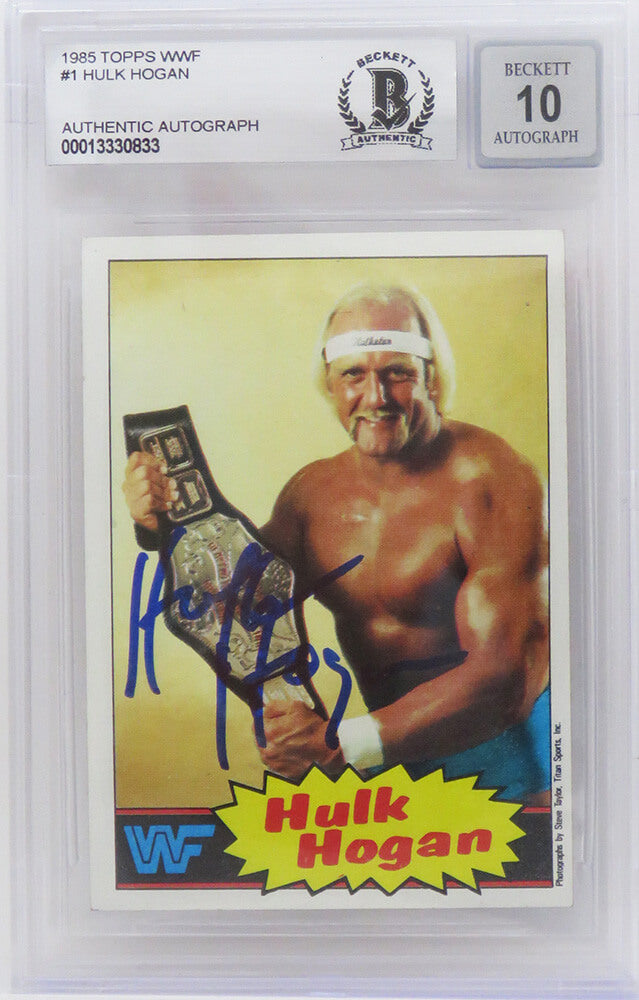 Hulk Hogan Signed WWF 1985 Topps Wrestling Rookie Card #1 (Beckett Encapsulated/ Auto Grade 10)