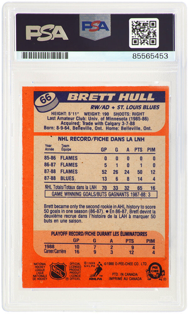 Brett Hull Signed St Louis Blues 1988 Topps Rookie Hockey Card #66 - (PSA Encapsulated)