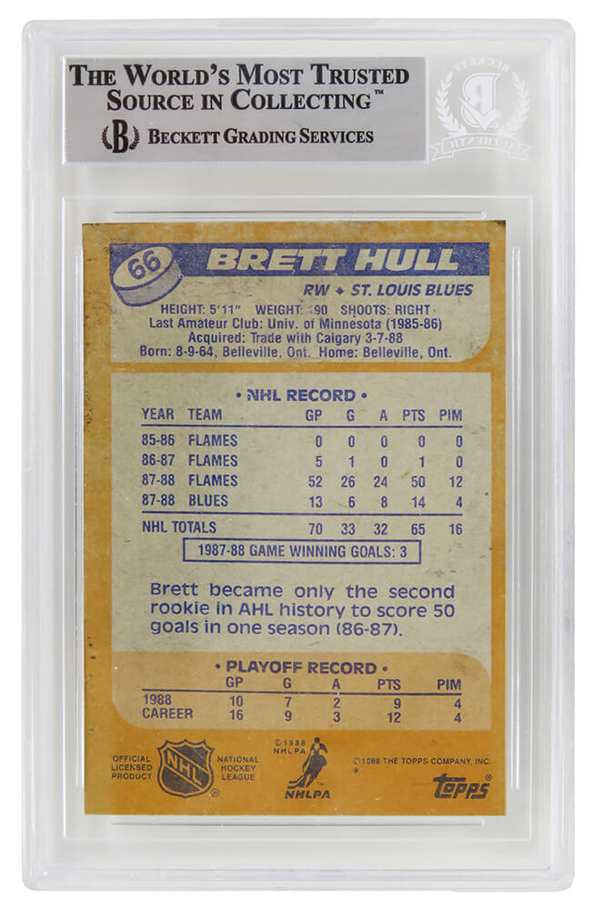 Brett Hull Signed St Louis Blues 1988 Topps Hockey Rookie Card #66 (Beckett Encapsulated)