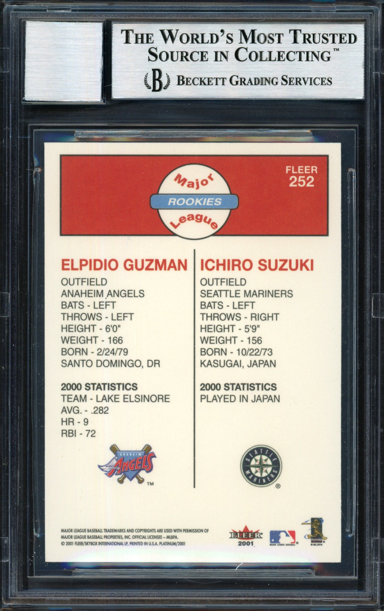 Ichiro Suzuki Autographed 2001 Fleer Platinum Rookie Card #252 Seattle Mariners Auto Grade 10 Beckett BAS #12490649