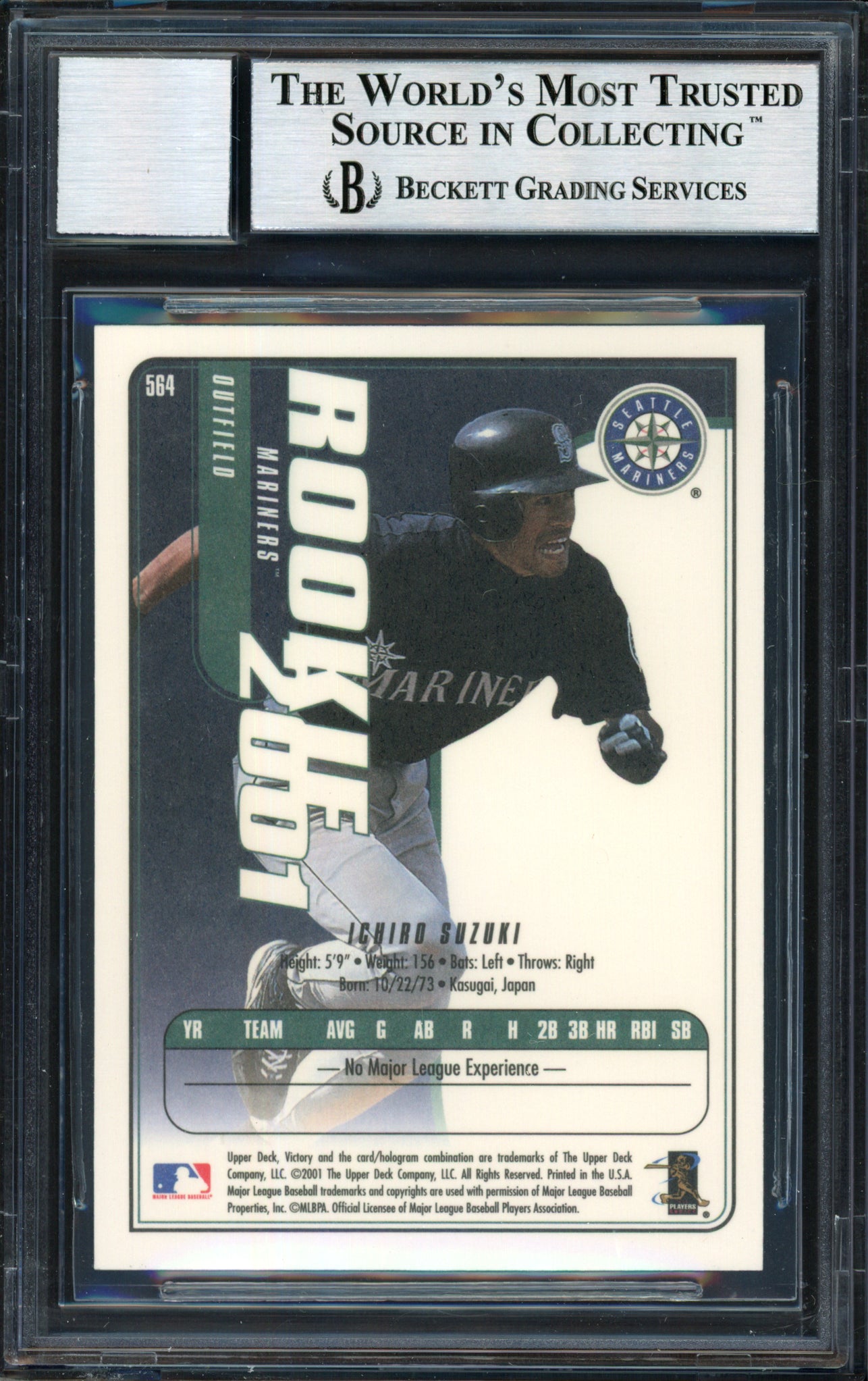 Ichiro Suzuki Autographed 2001 Upper Deck Victory Rookie Card #564 Seattle Mariners Auto Grade 10 Beckett BAS Stock #182396