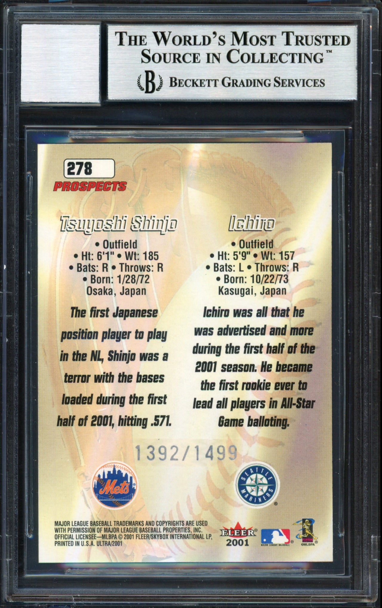 Ichiro Suzuki Autographed 2001 Fleer Ultra Rookie Card #278 Seattle Mariners #1392/1499 Auto Grade 10 Beckett BAS #12490893