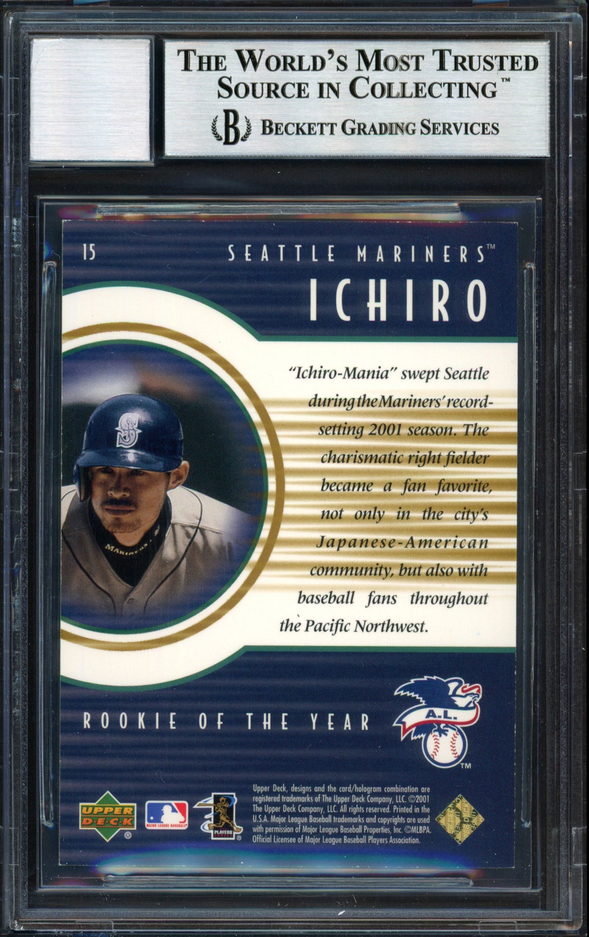 Ichiro Suzuki Autographed 2001 Upper Deck Rookie Update Gold Rookie Card #15 Seattle Mariners #7/100 Auto Grade 10 Beckett BAS #12490912