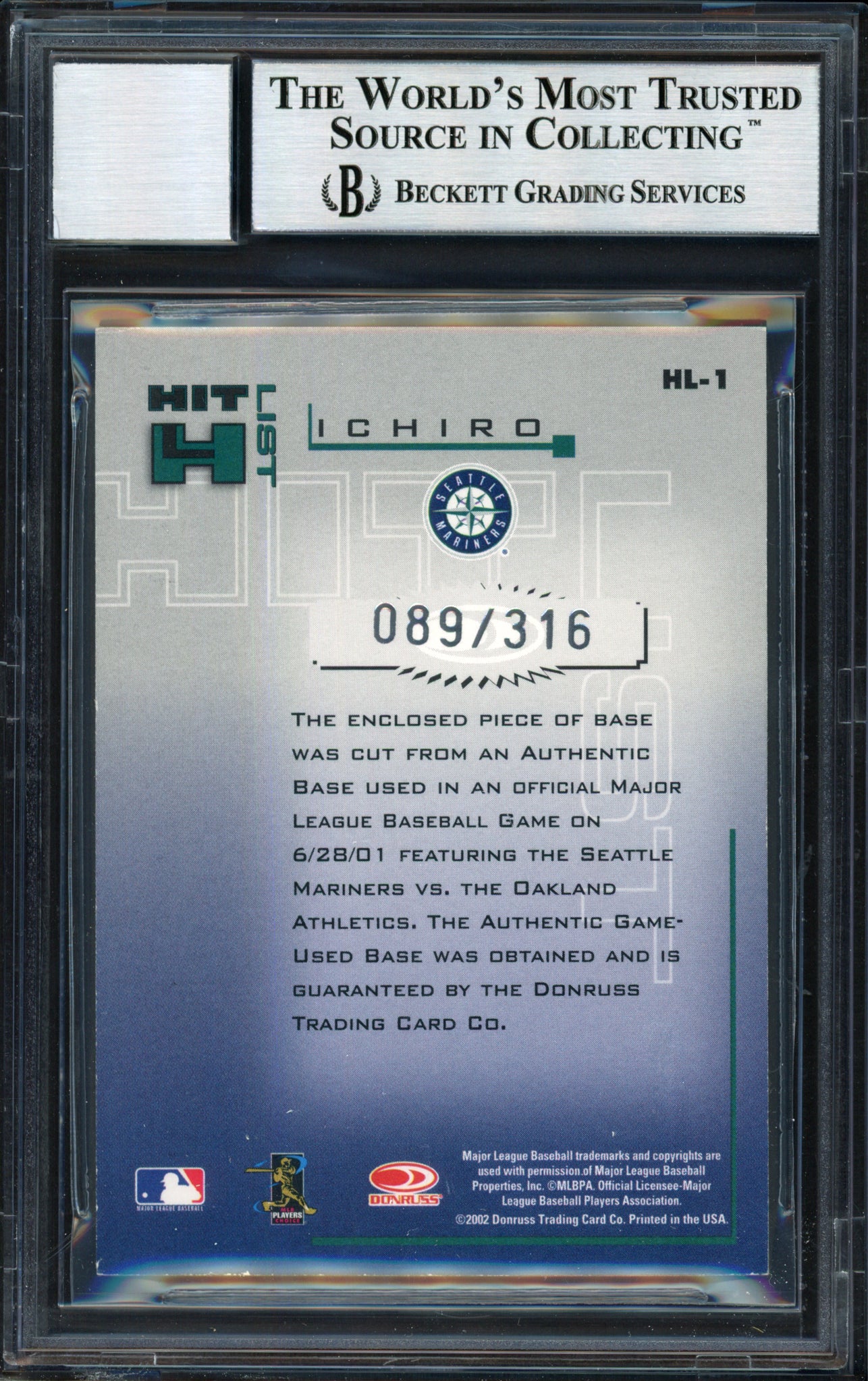 Ichiro Suzuki Autographed 2002 Donruss Originals Hit List Base Card #HL-1 Seattle Mariners #89/316 Auto Grade 10 Beckett BAS #12491003
