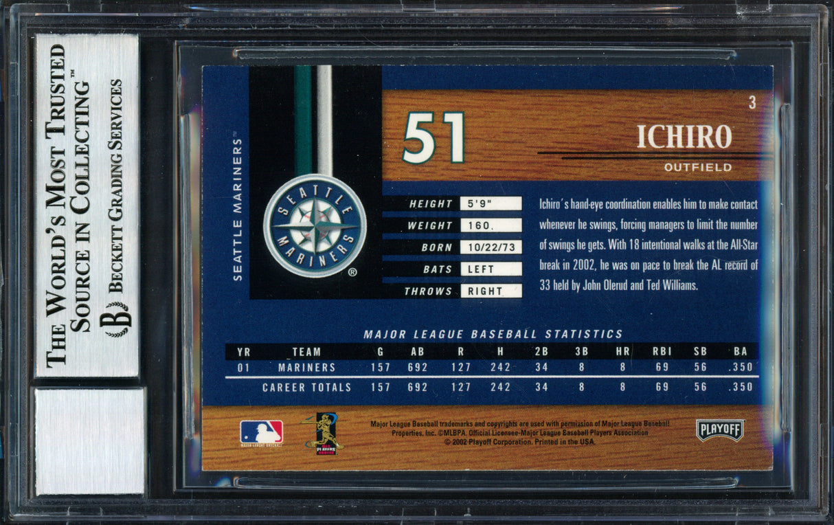 Ichiro Suzuki Autographed 2002 Playoff Piece of the Game Card #3 Seattle Mariners Auto Grade 10 Beckett BAS #12491008