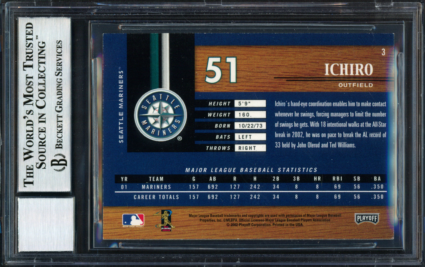 Ichiro Suzuki Autographed 2002 Playoff Piece of the Game Card #3 Seattle Mariners Auto Grade 10 Beckett BAS #12491008