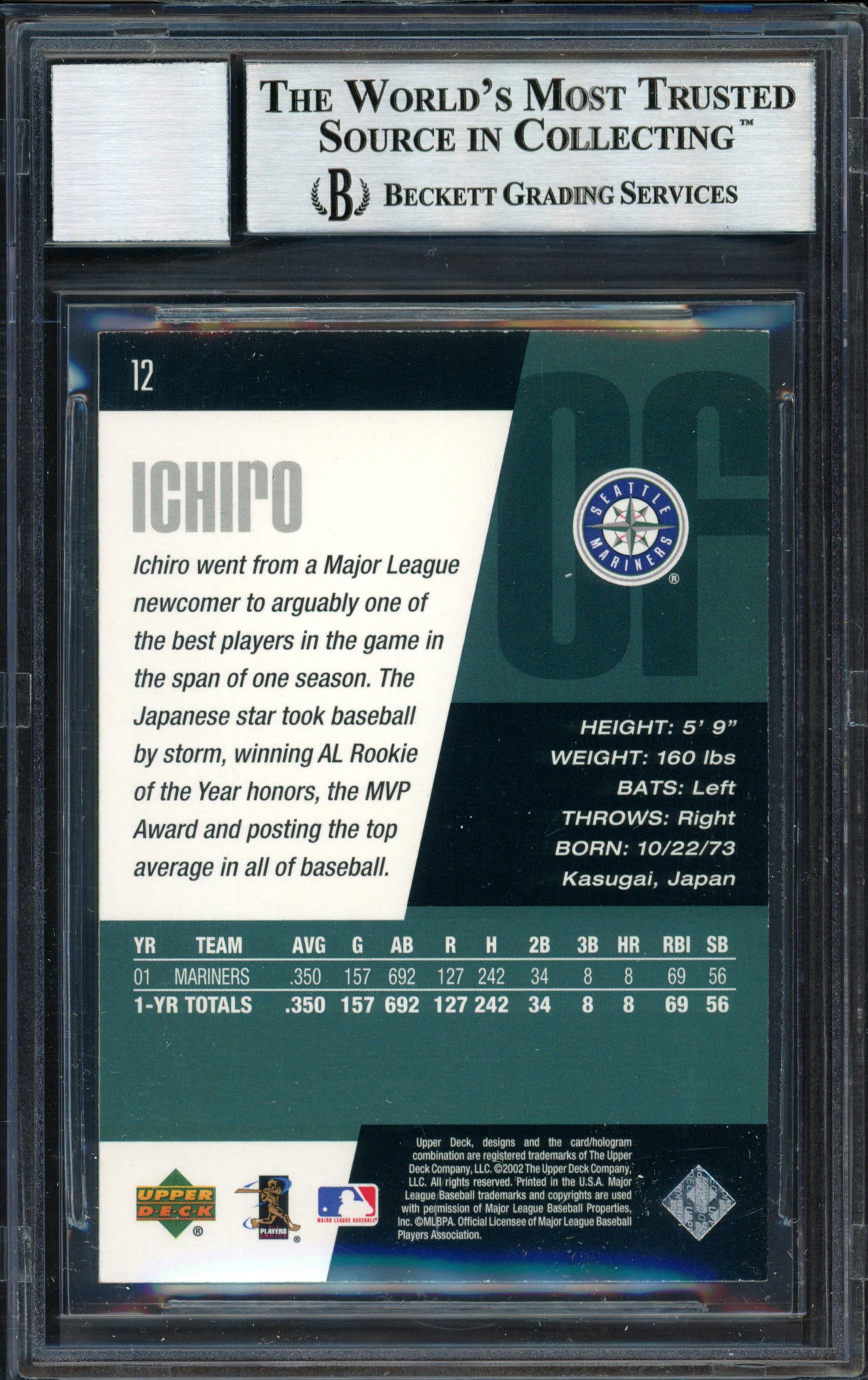 Ichiro Suzuki Autographed 2002 Upper Deck Diamond Collection Card #12 Seattle Mariners Auto Grade 10 Beckett BAS #12491046