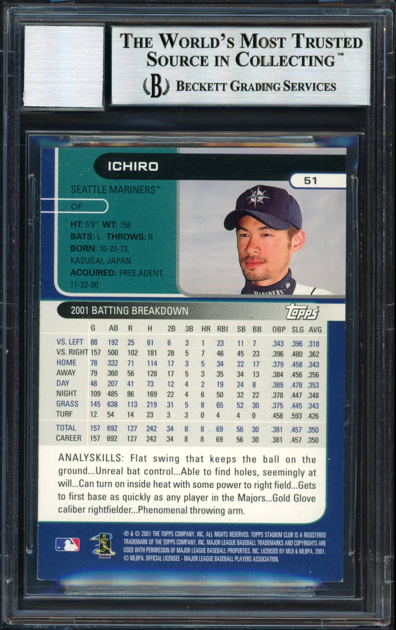 Ichiro Suzuki Autographed 2002 Topps Stadium Club Card #51 Seattle Mariners Auto Grade 10 Beckett BAS #12491082