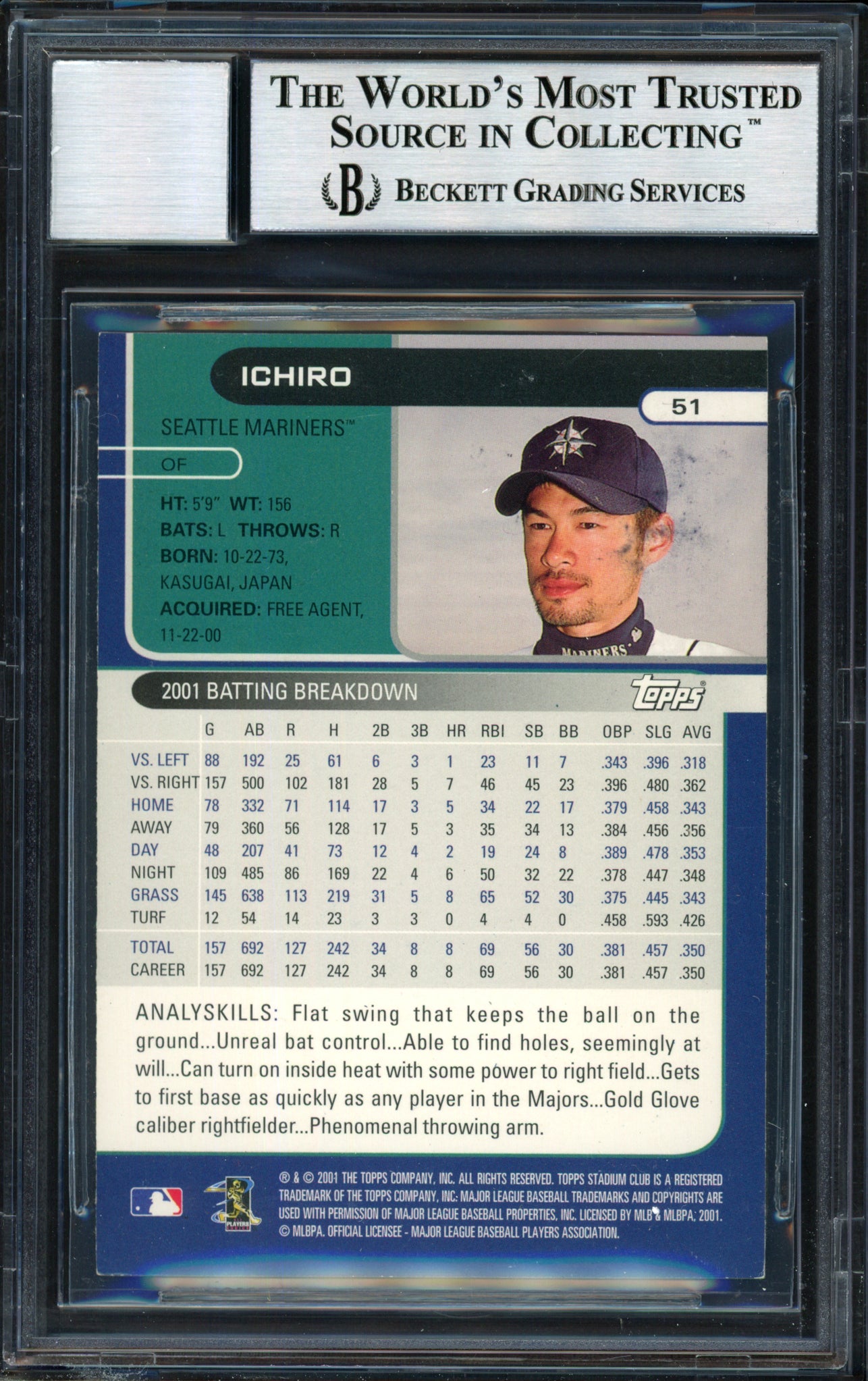 Ichiro Suzuki Autographed 2002 Topps Stadium Club Card #51 Seattle Mariners Auto Grade 10 Beckett BAS #12491083