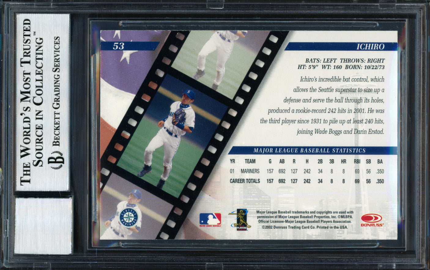 Ichiro Suzuki Autographed 2002 Donruss Studio Card #53 Seattle Mariners Auto Grade 10 Beckett BAS #12491120