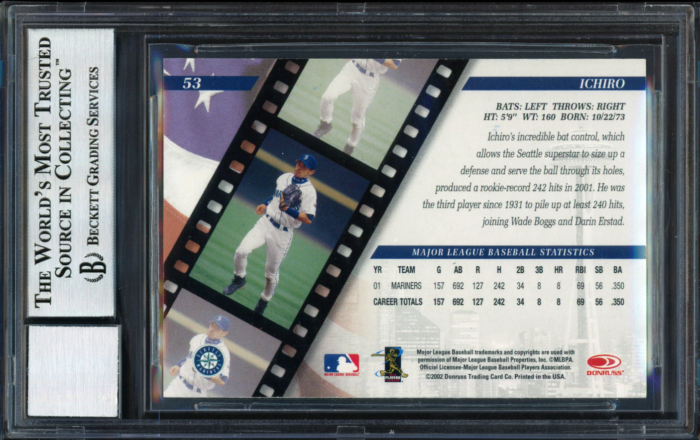 Ichiro Suzuki Autographed 2002 Donruss Studio Card #53 Seattle Mariners Auto Grade 10 Beckett BAS #12491121