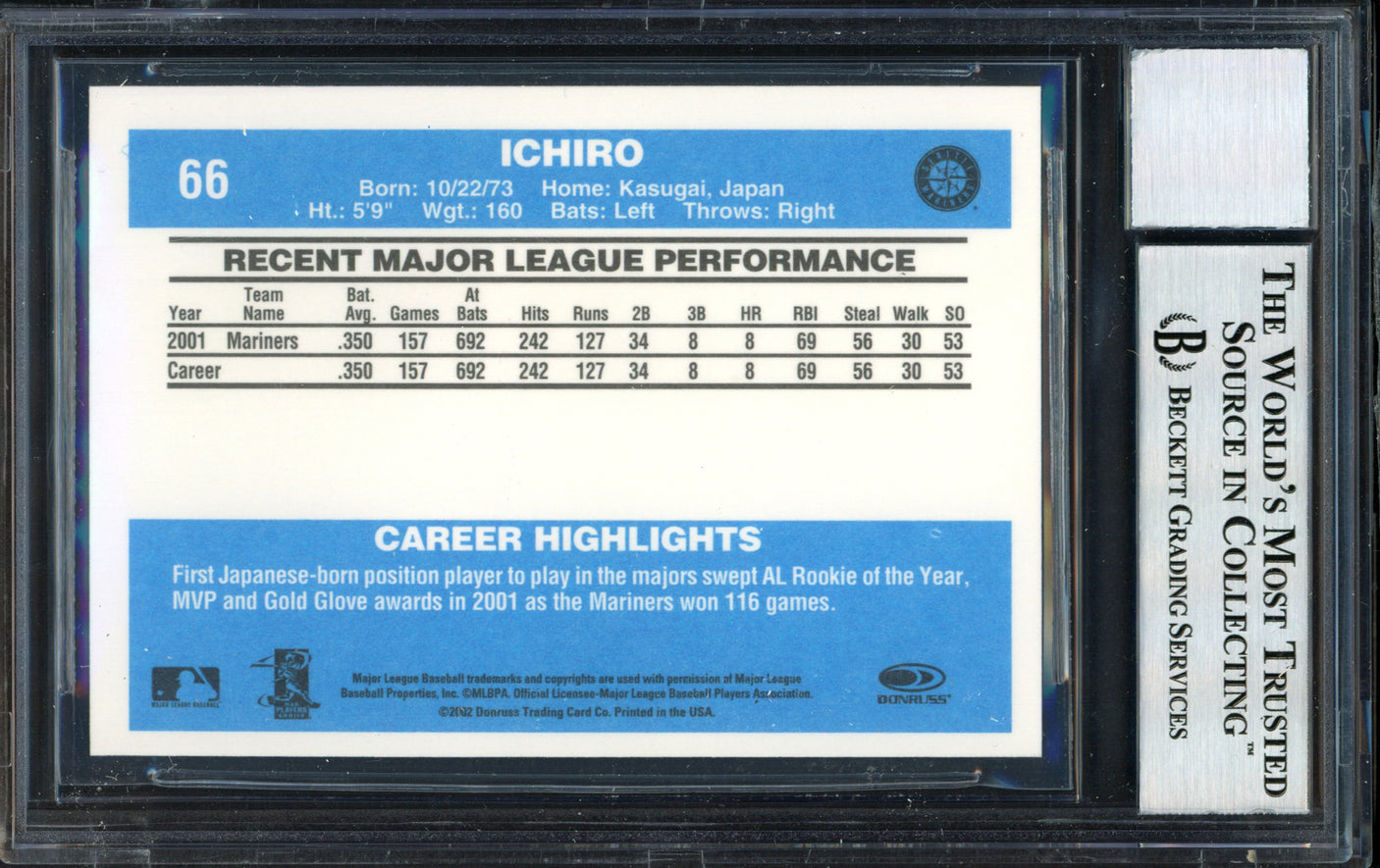 Ichiro Suzuki Autographed 2002 Donruss Originals Card #66 Seattle Mariners Auto Grade 10 Beckett BAS #12491125