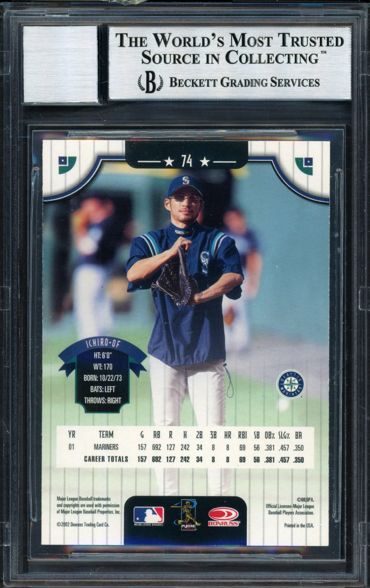 Ichiro Suzuki Autographed 2002 Donruss Card #74 Seattle Mariners Auto Grade 10 Beckett BAS #12491132