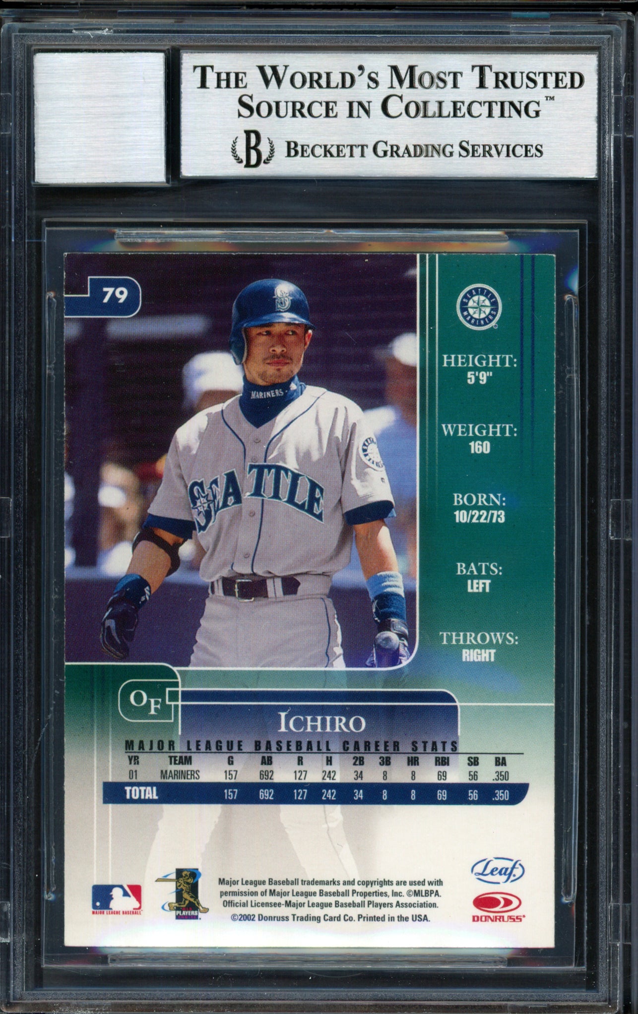Ichiro Suzuki Autographed 2002 Leaf Rookie & Stars Card #79 Seattle Mariners Auto Grade 10 Beckett BAS #12491143