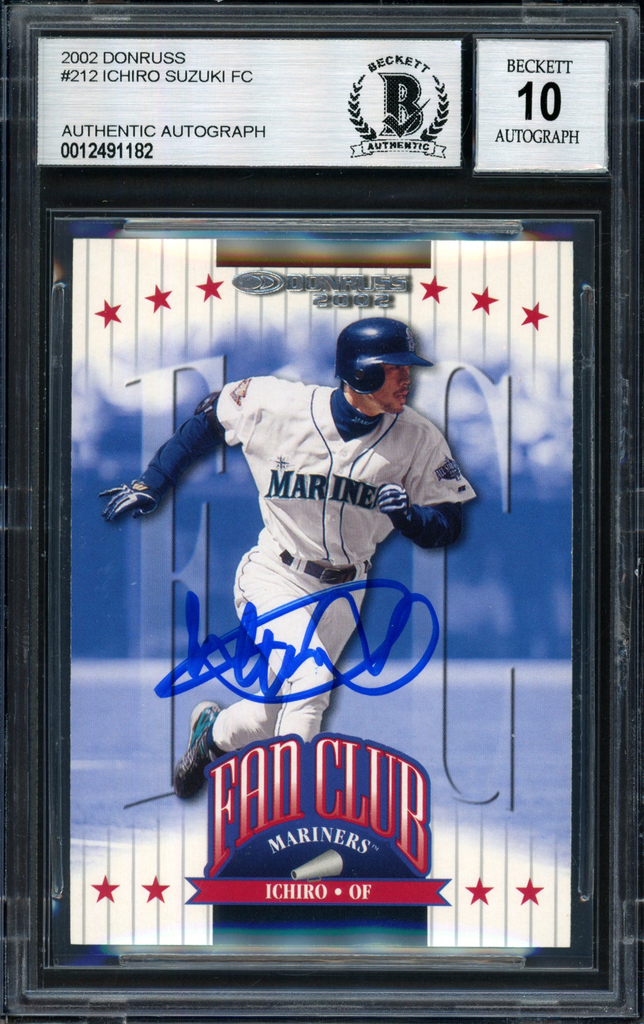 Ichiro Suzuki Autographed 2002 Donruss Fan Club Card #212 Seattle Mariners Auto Grade 10 Beckett BAS #12491182
