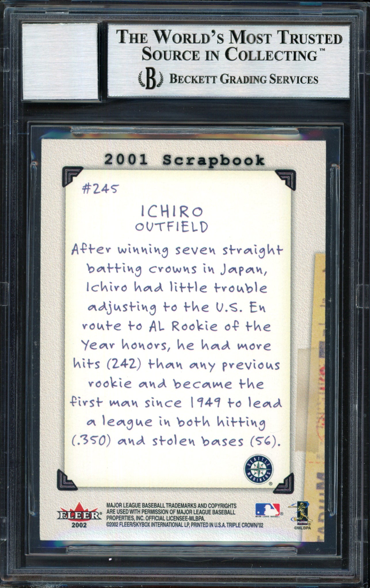 Ichiro Suzuki Autographed 2002 Fleer Triple Crown Scrapbook Card #245 Seattle Mariners Auto Grade 10 Beckett BAS #12491206