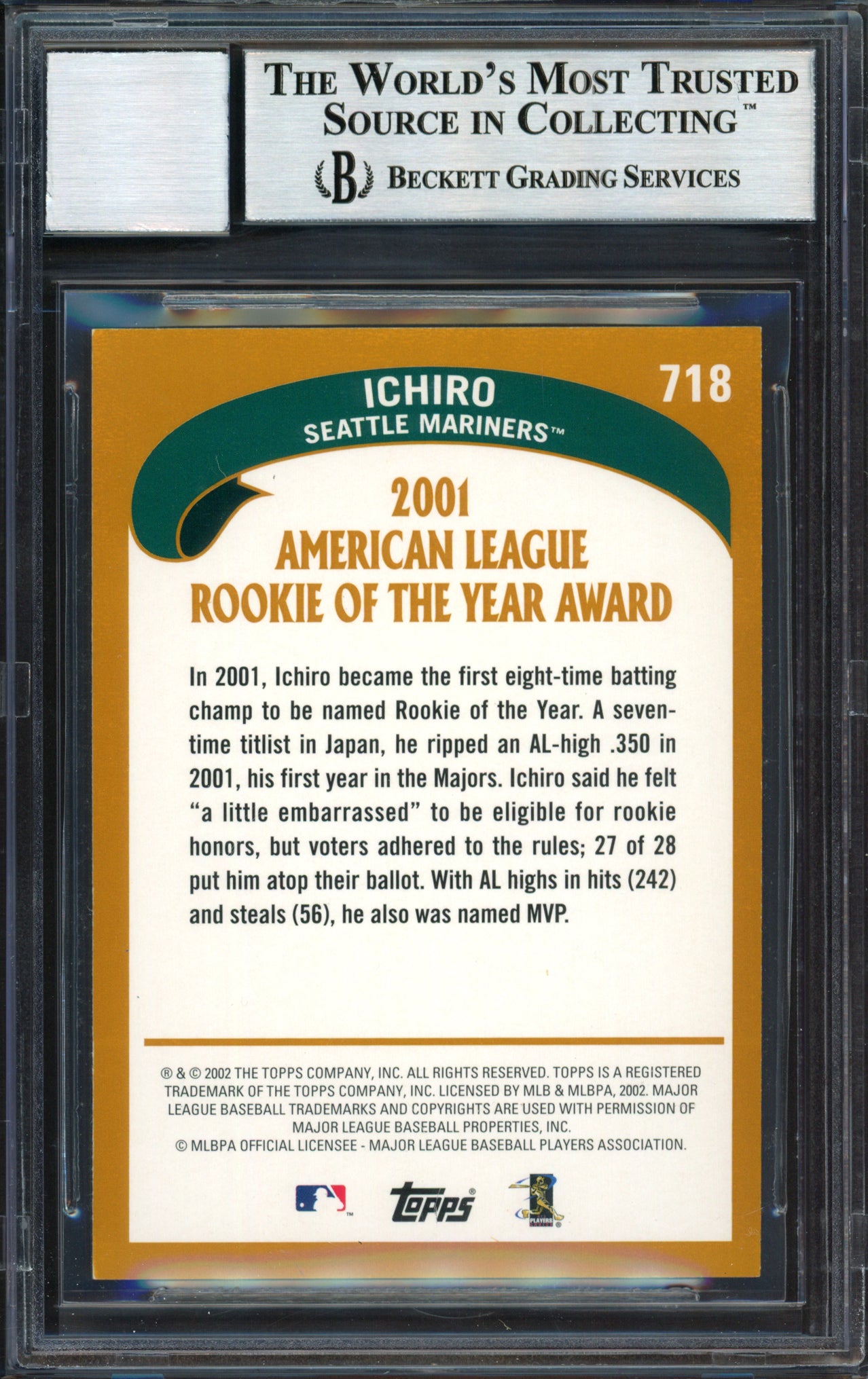 Ichiro Suzuki Autographed 2002 Topps Card #718 Seattle Mariners Auto Grade 10 Beckett BAS #12491244