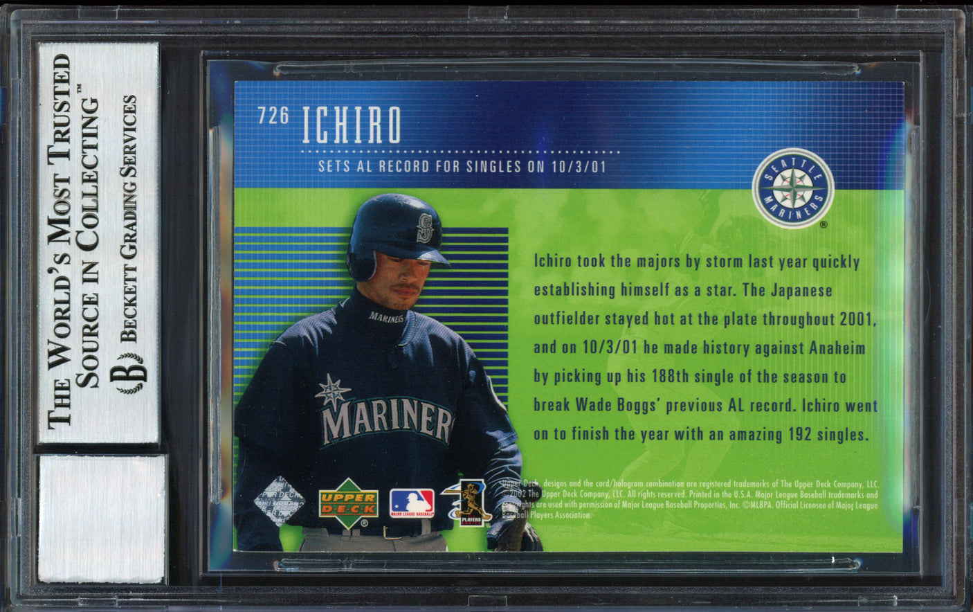 Ichiro Suzuki Autographed 2002 Upper Deck Year of the Record Card #726 Seattle Mariners Auto Grade 10 Beckett BAS #12491246