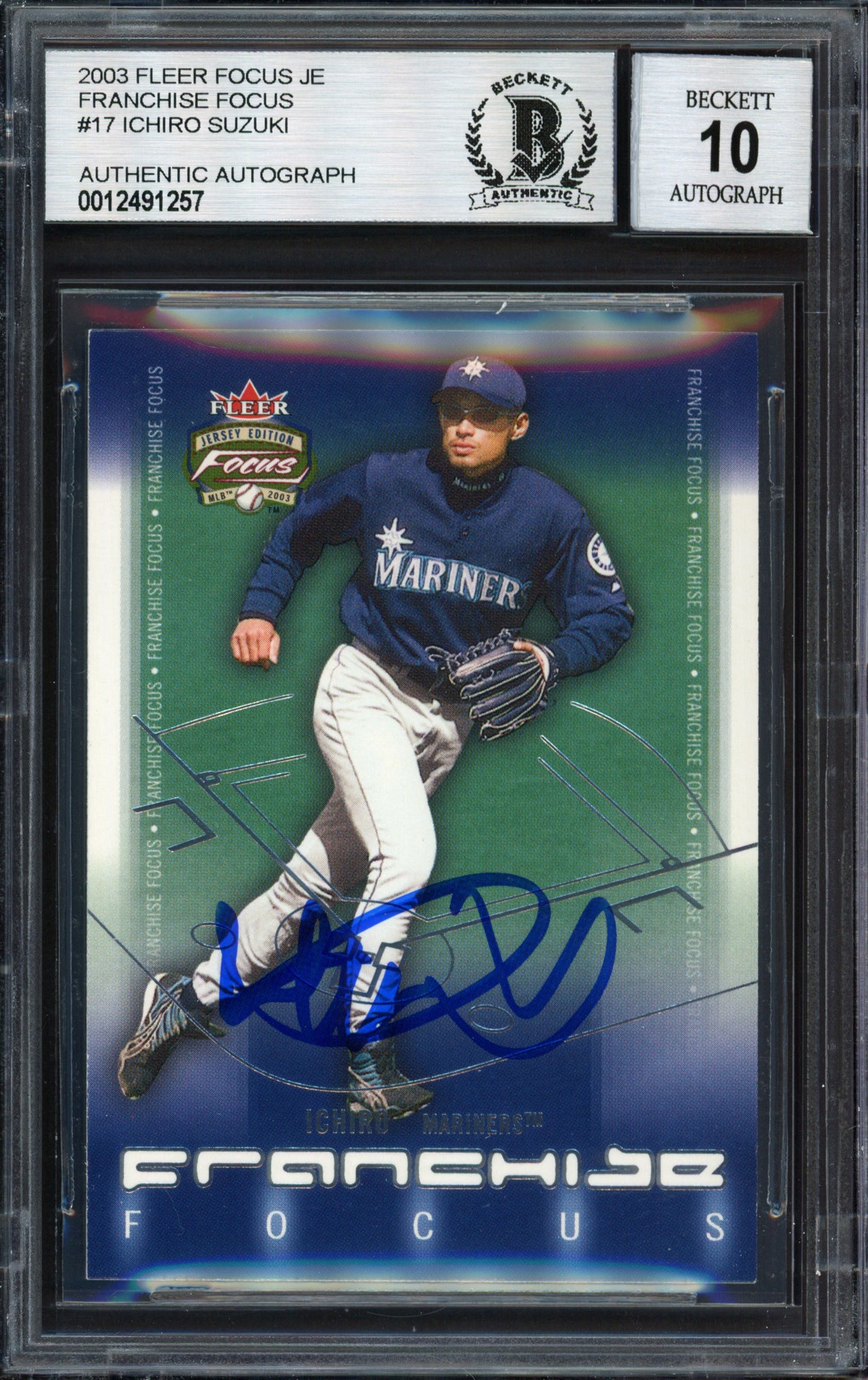 Ichiro Suzuki Autographed 2003 Fleer Focus Jersey Edition Franchise Focus Card #17 Seattle Mariners Auto Grade 10 Beckett BAS #12491257