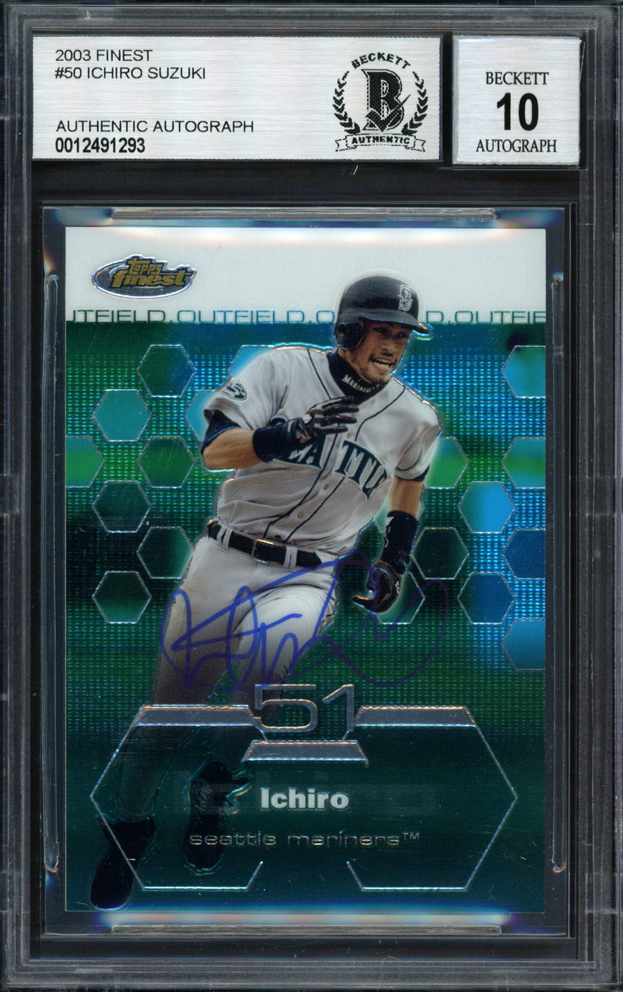 Ichiro Suzuki Autographed 2003 Topps Finest Card #50 Seattle Mariners Auto Grade 10 Beckett BAS #12491293