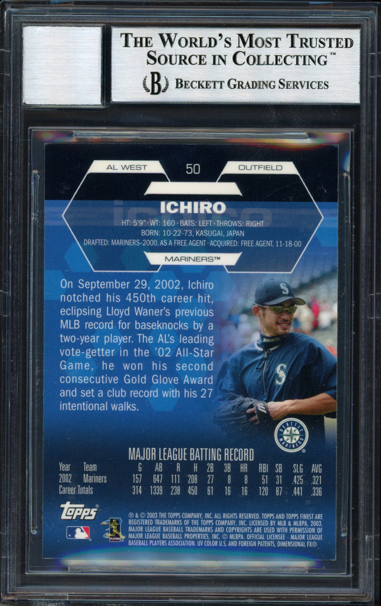Ichiro Suzuki Autographed 2003 Topps Finest Card #50 Seattle Mariners Auto Grade 10 Beckett BAS #12491294