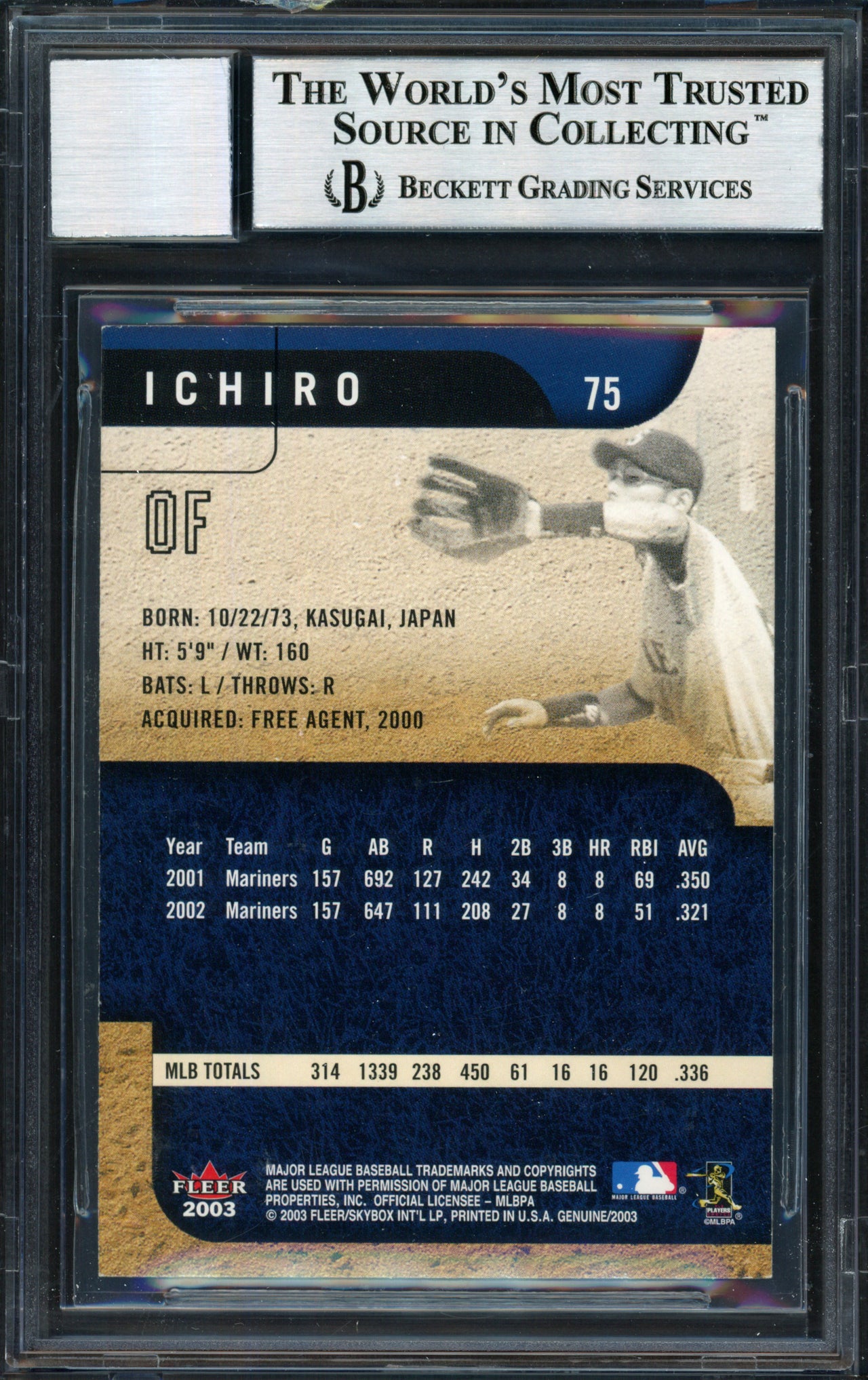 Ichiro Suzuki Autographed 2003 Fleer Genuine Card #75 Seattle Mariners Auto Grade 10 Beckett BAS #12491301